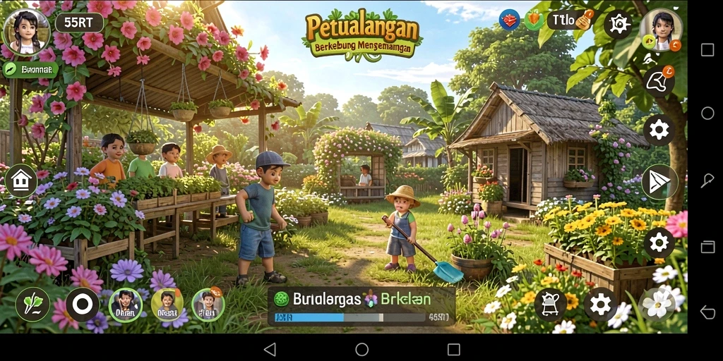 Screenshot gameplay 55RT menampilkan aktivitas berkebun yang menyenangkan.