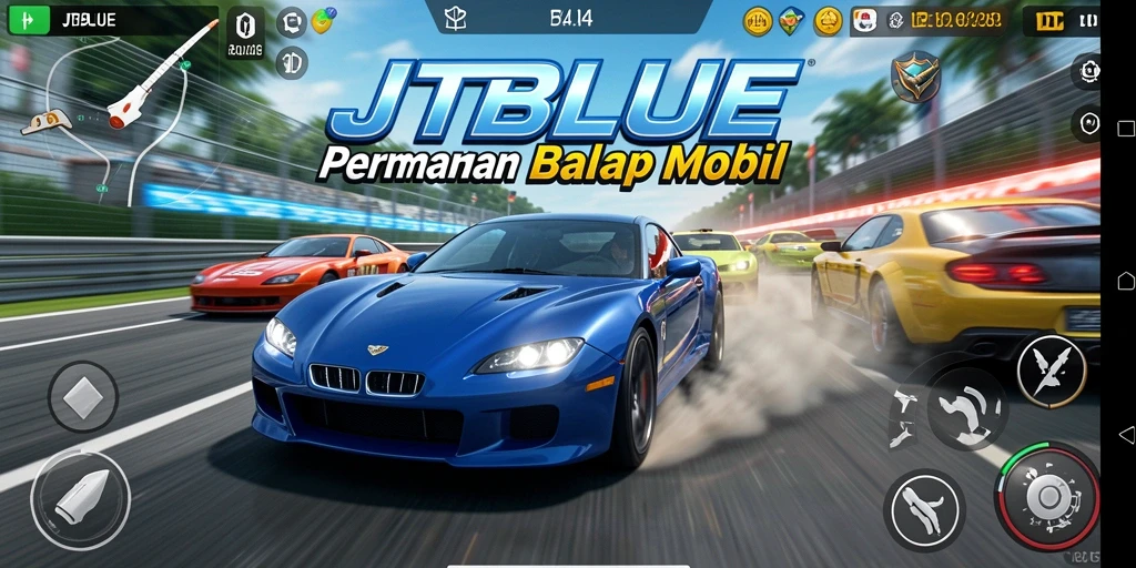 Tampilan gameplay seru JTBLUE dengan mobil balap yang melaju kencang.