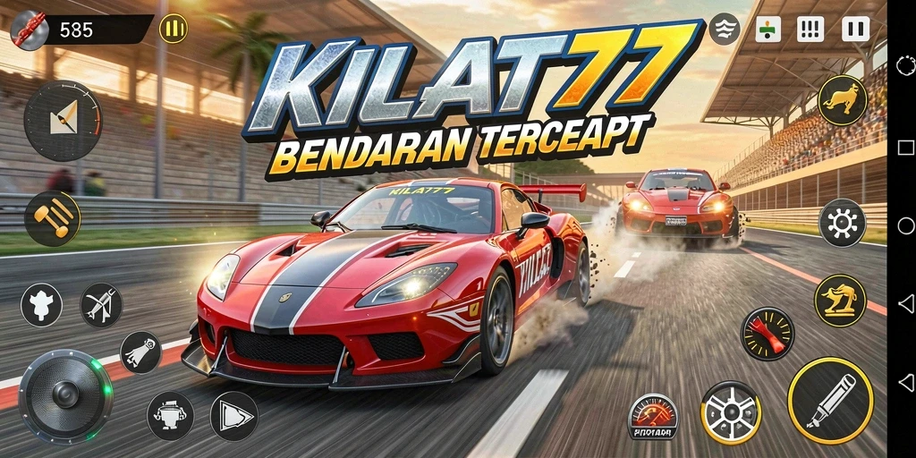 Screenshot gameplay KILAT77 menampilkan balapan yang intens dan kendaraan spektakuler.