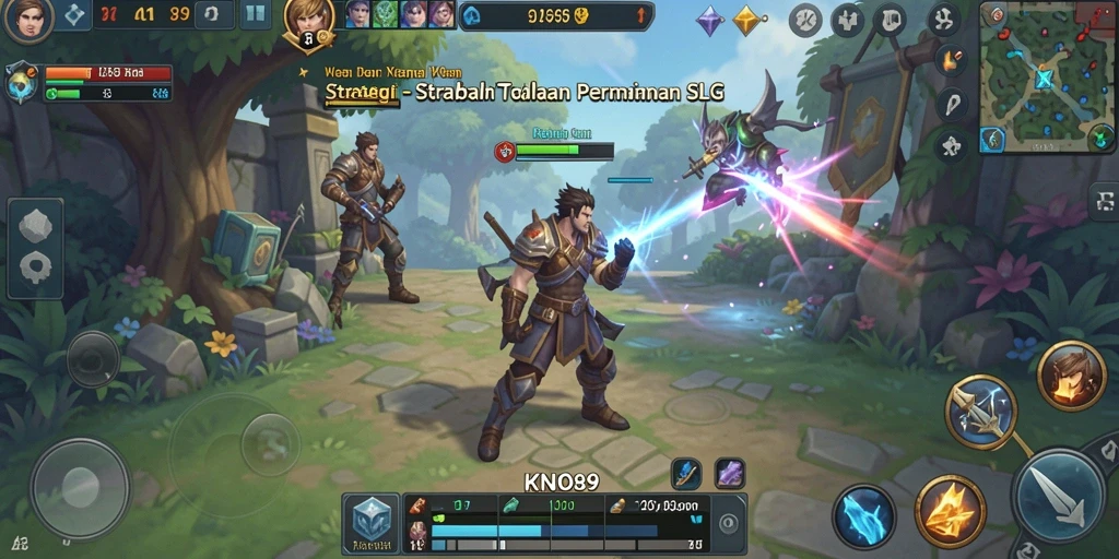 Screenshot gameplay KNO89 menunjukkan pertempuran dan pembangunan kerajaan.