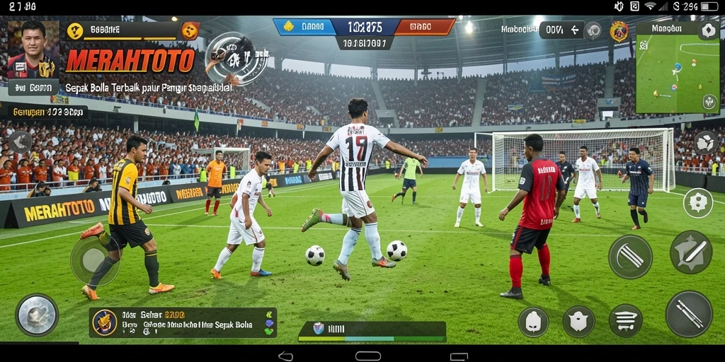 Tangkapan layar utama dari gameplay sepak bola yang mendebarkan.