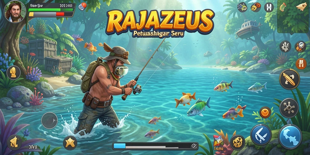 Tampilan utama gameplay RAJAZEUS dengan suasana memancing yang mendebarkan.