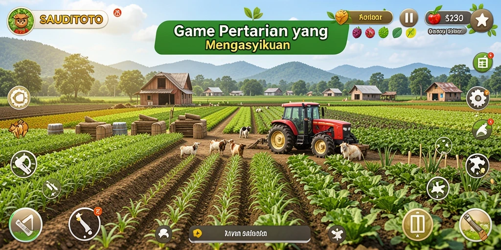 Screenshot gameplay SAUDITOTO menampilkan ladang yang subur dan aktivitas bertani.