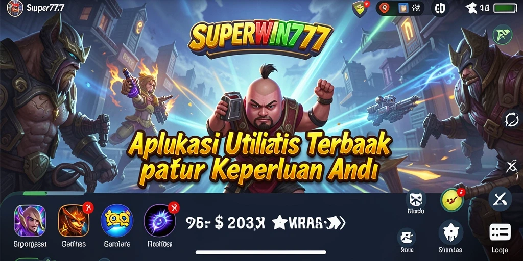 Tampilan utama aplikasi SUPERWIN777 dengan berbagai fitur utilitas.