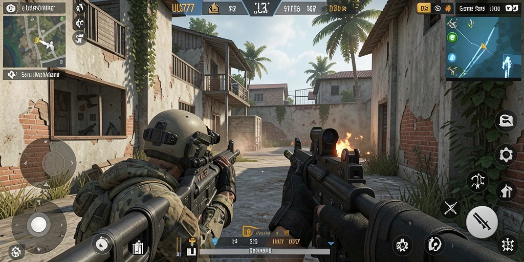 Tampilan gameplay intens dari UUS777 dalam aksi FPS.
