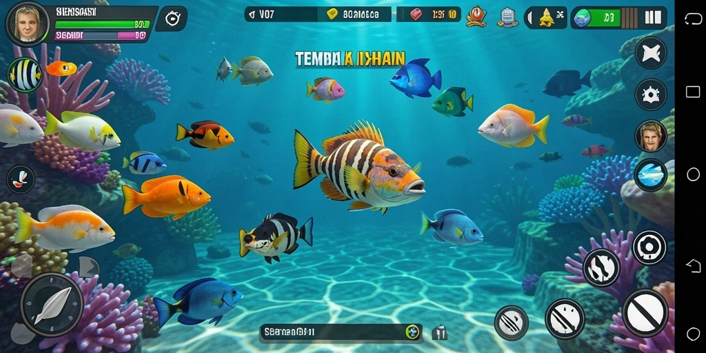 Tangkapan layar menampilkan aksi menembak ikan dalam permainan V07.
